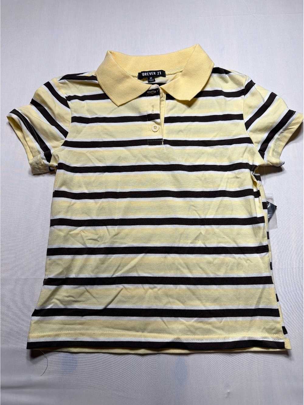 Forever 21 Yellow and Brown Striped Polo Shirt Medium